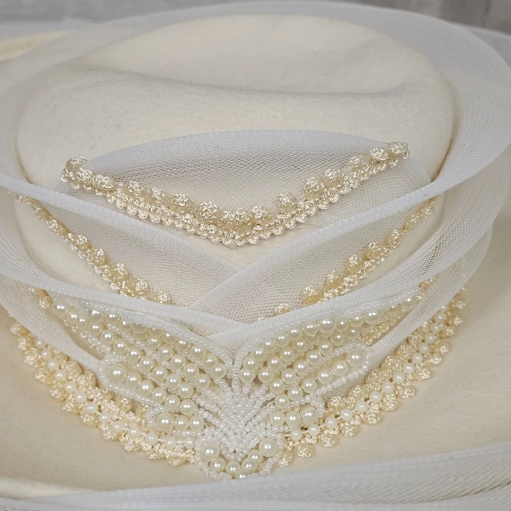 Vintage Church Hat Cream Formal Dress‎ Hat Pearl Beaded Wedding Party - Picture 3 of 13